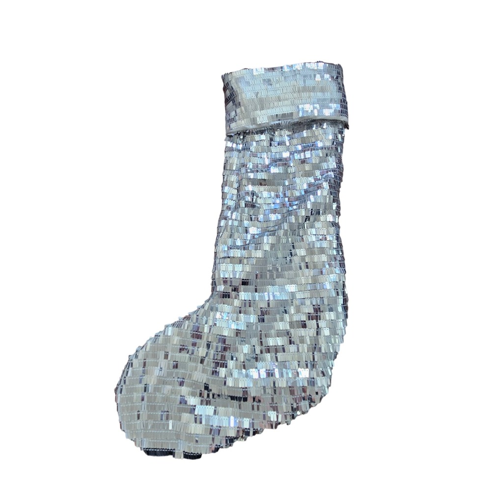Rachel Zoe Silver Sequin Christmas Stocking Disco Glam Metallic Holiday Decor